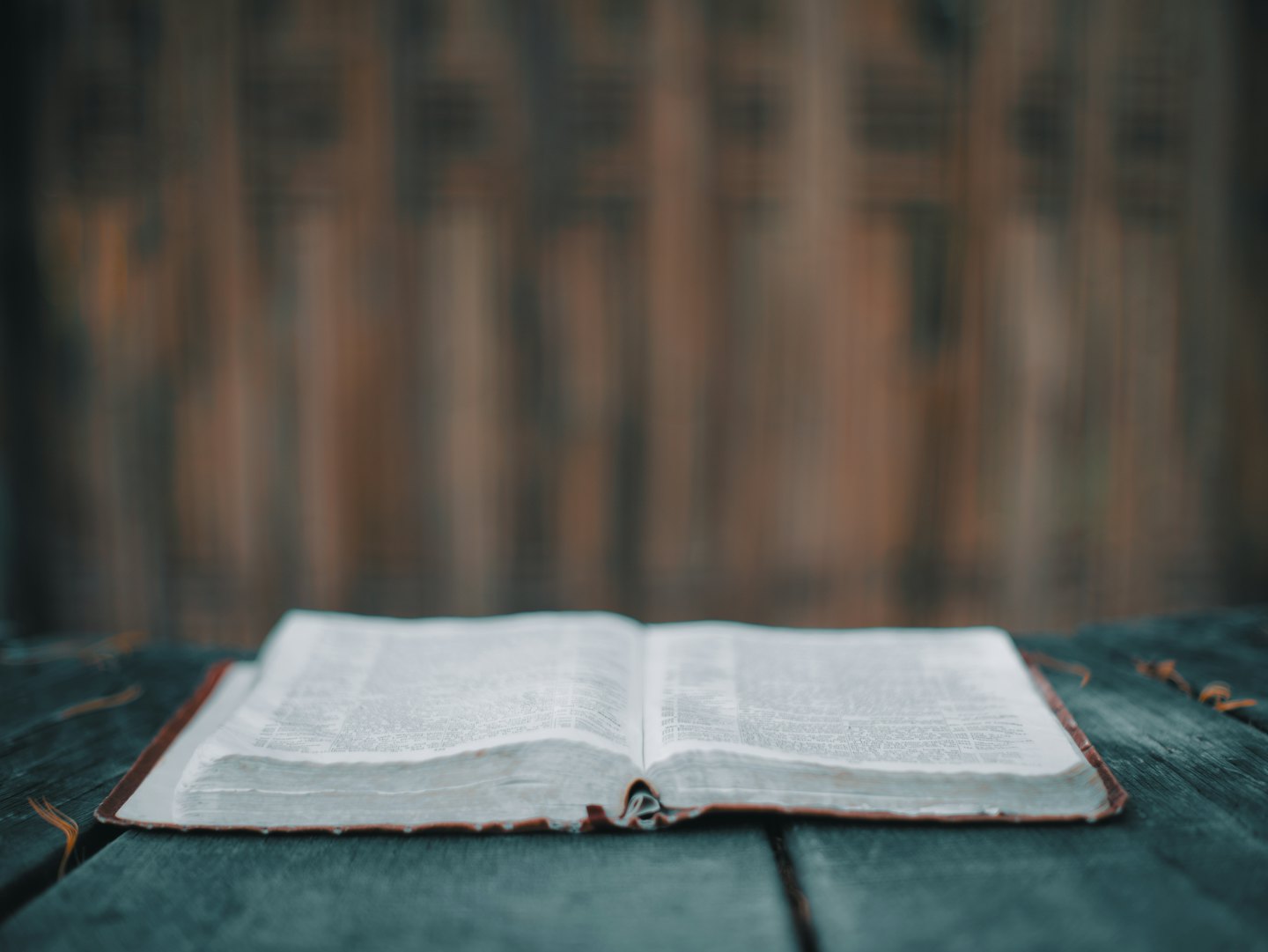 Open book with white pages on a weathered wooden table.
