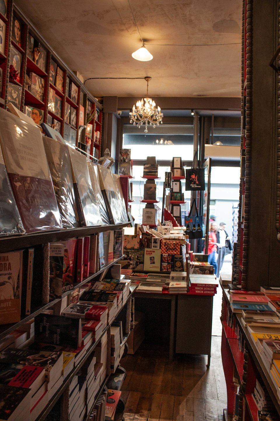 Bookshelves filled with various books line a cozy shop.